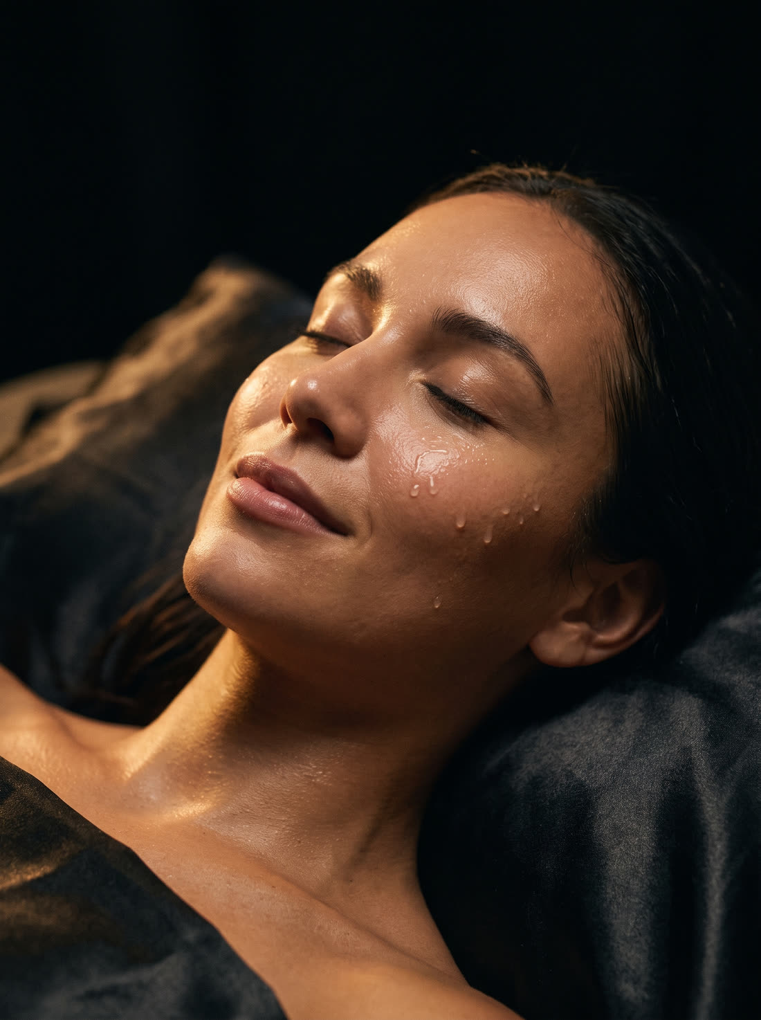 Dewy glowing skin with serum droplets